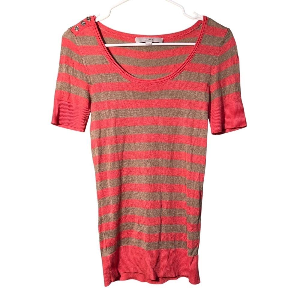 Loft Women's Size Small Scoop Neck Half Sleeve Sweater Tan Coral Stripes Silk